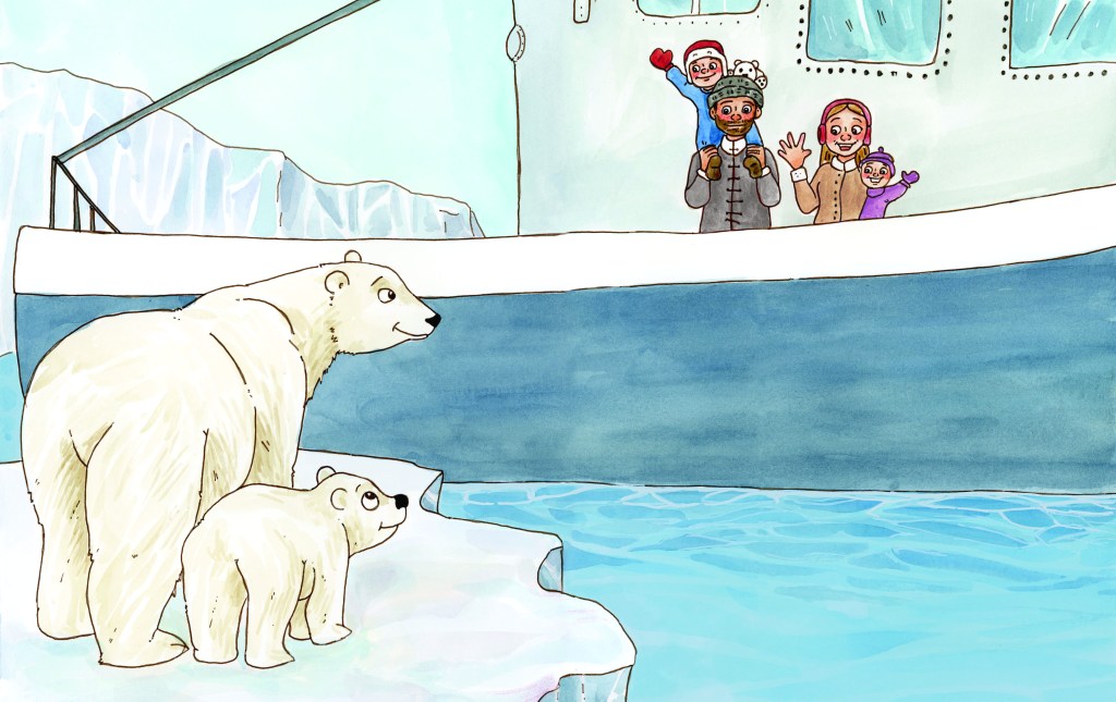 family on boat in the arctic waving to polar bears together on an ice cap