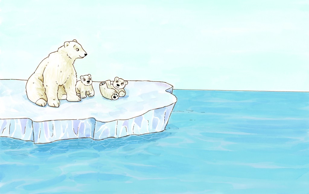 mother polar bear and baby polar bears together on an ice cap